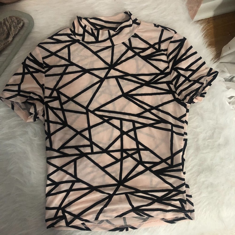 Sheer Pink and Black Mock Neck Tee